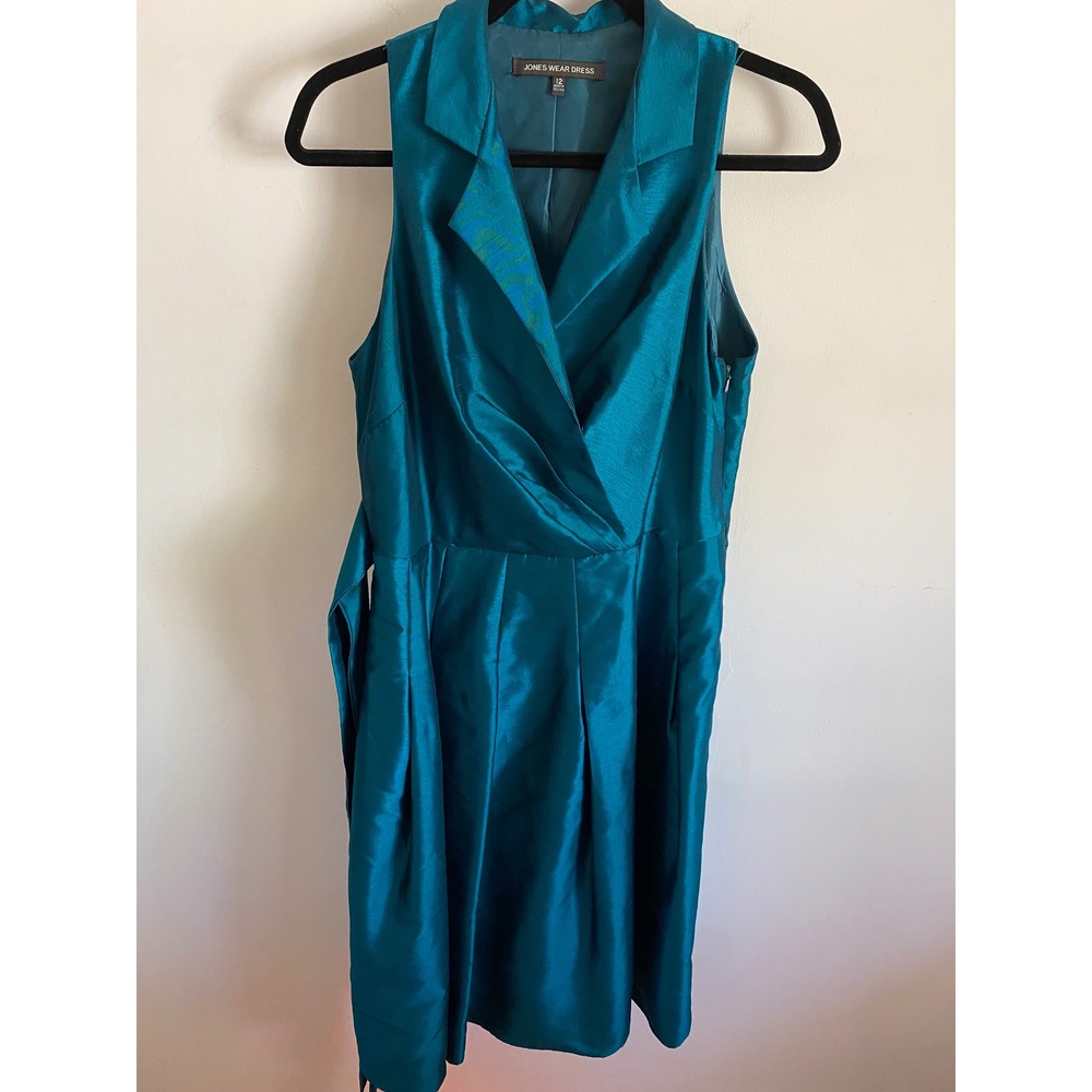 Jones Wear Dress Teal Blue Sleeveless Wrap Notched Collar Pleated Dress Size 12